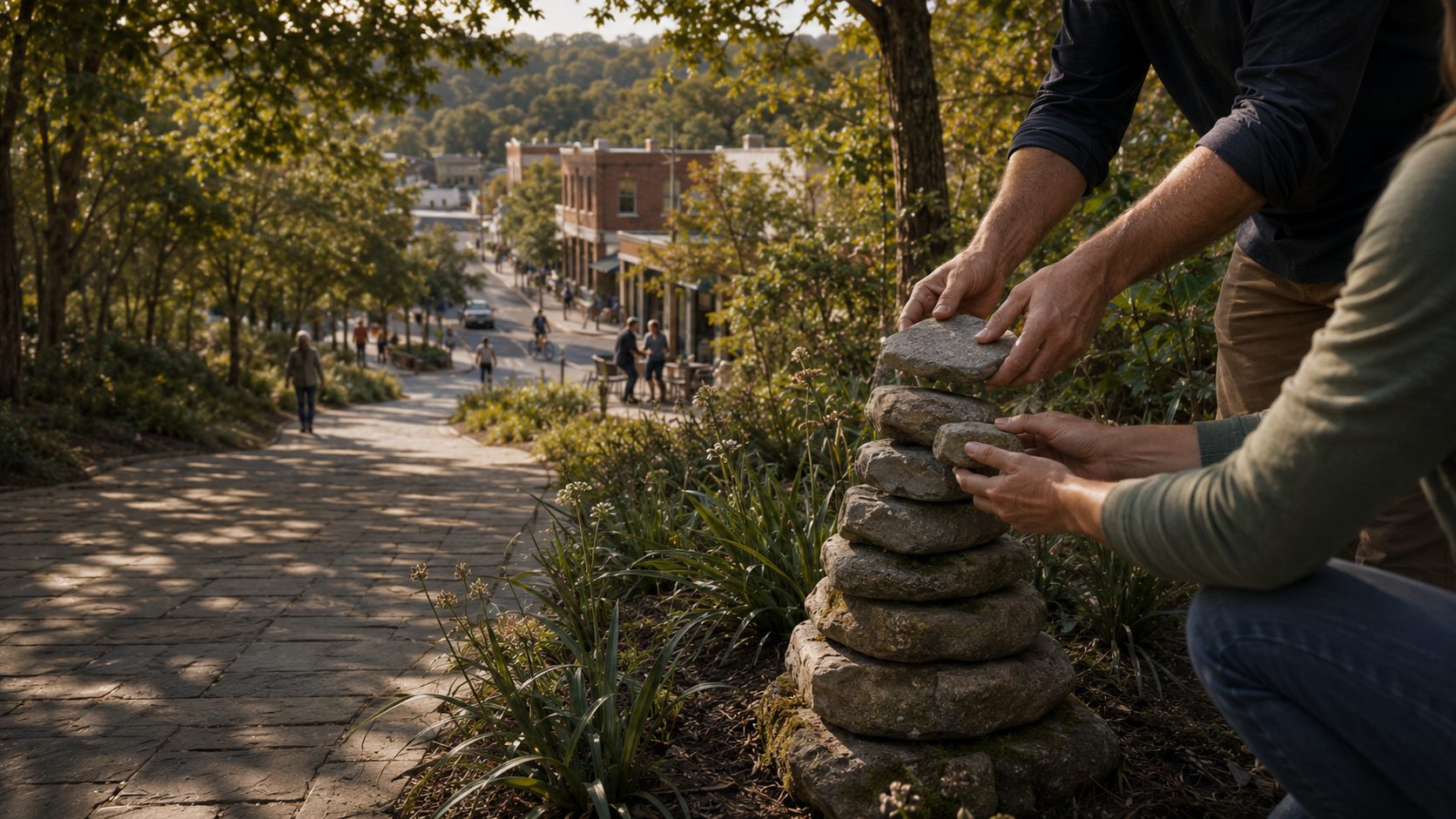 Illustration: a stone cairn beside a trail, hills behind