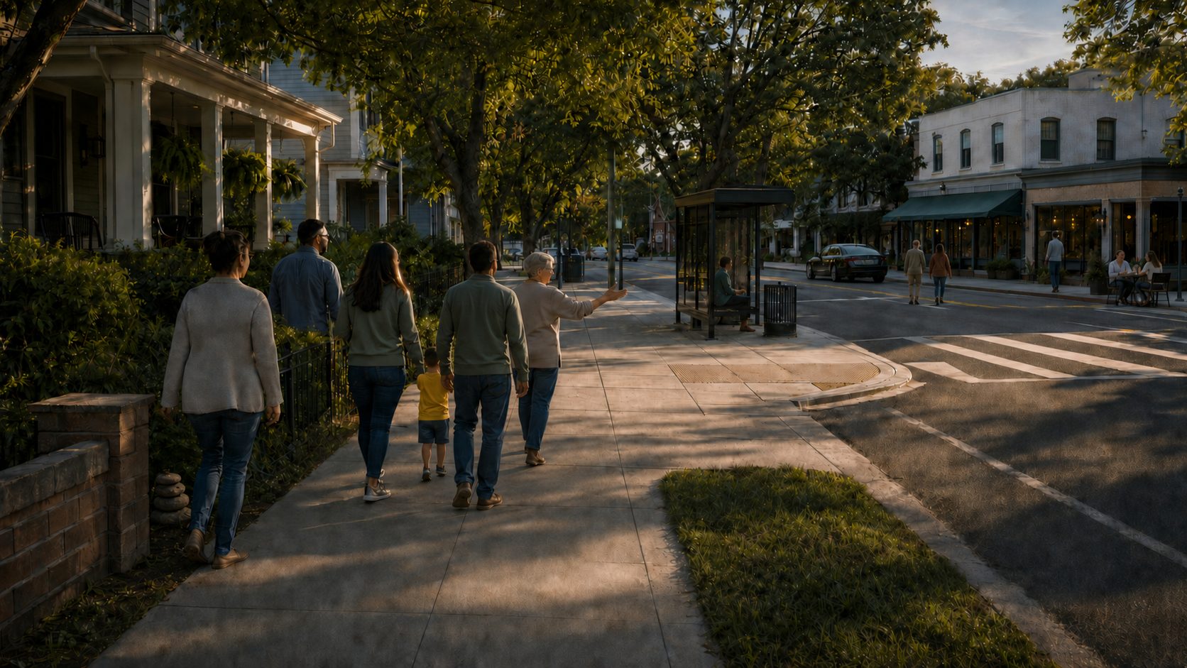 Visualization: neighbors on a community walk along a residential street toward a corner shop
