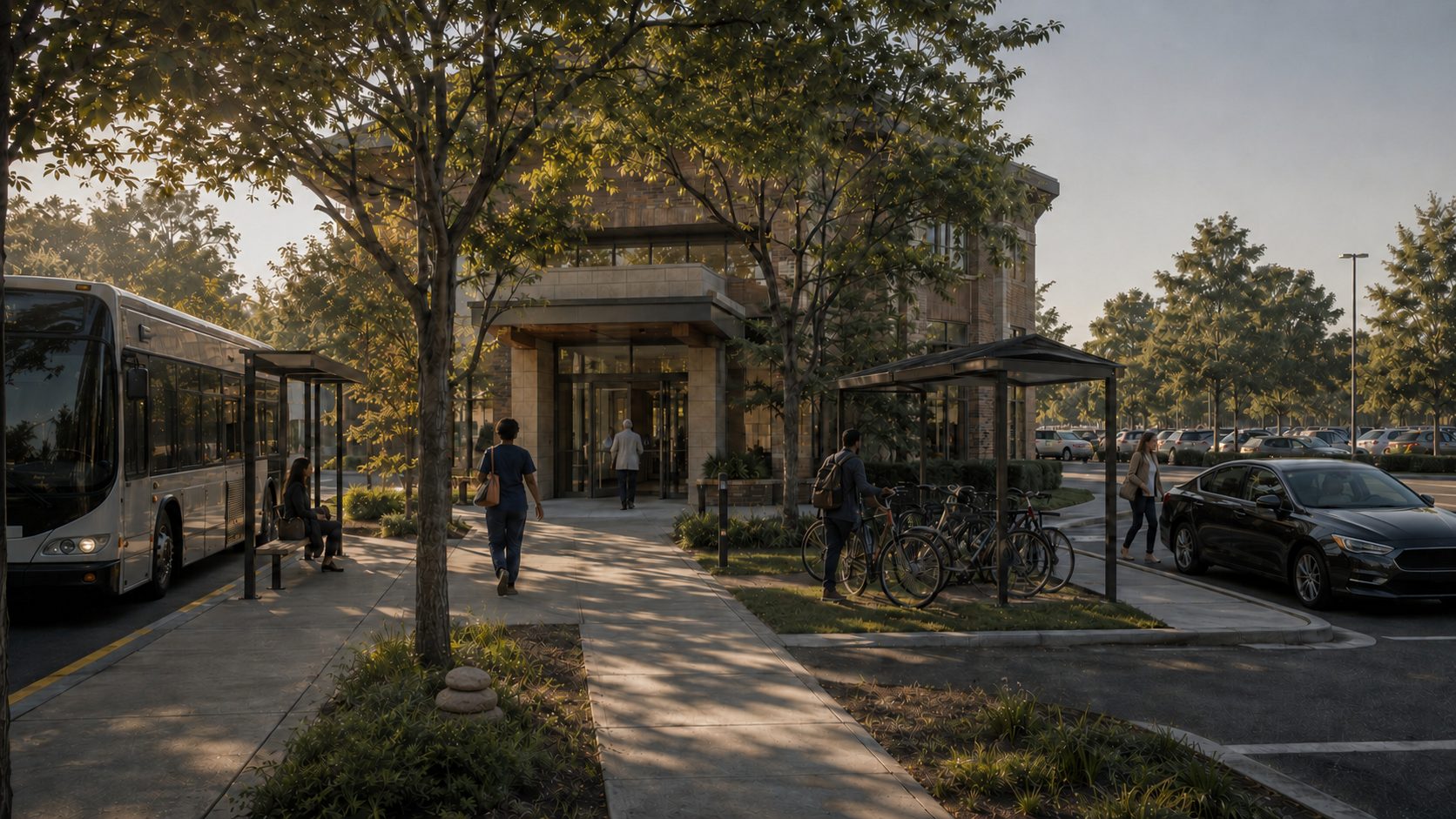 Visualization: a workplace entrance at dawn with people arriving by bus, bicycle, car and on foot