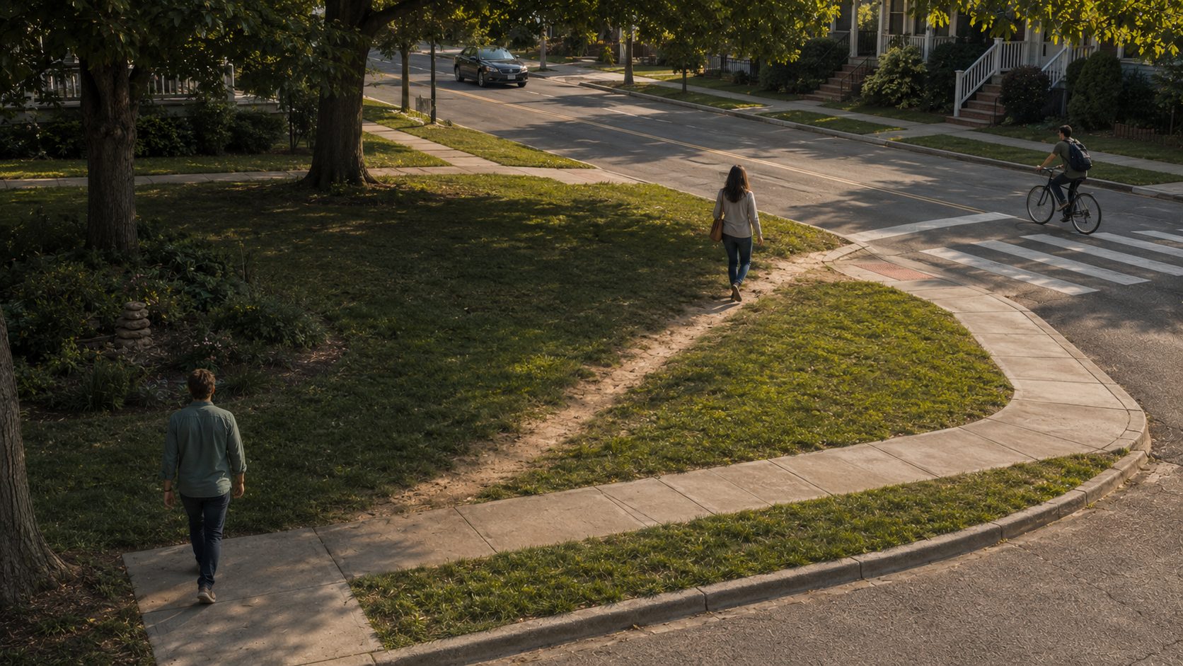 Visualization: a worn desire-line path beside a paved corner, the street recording how people move