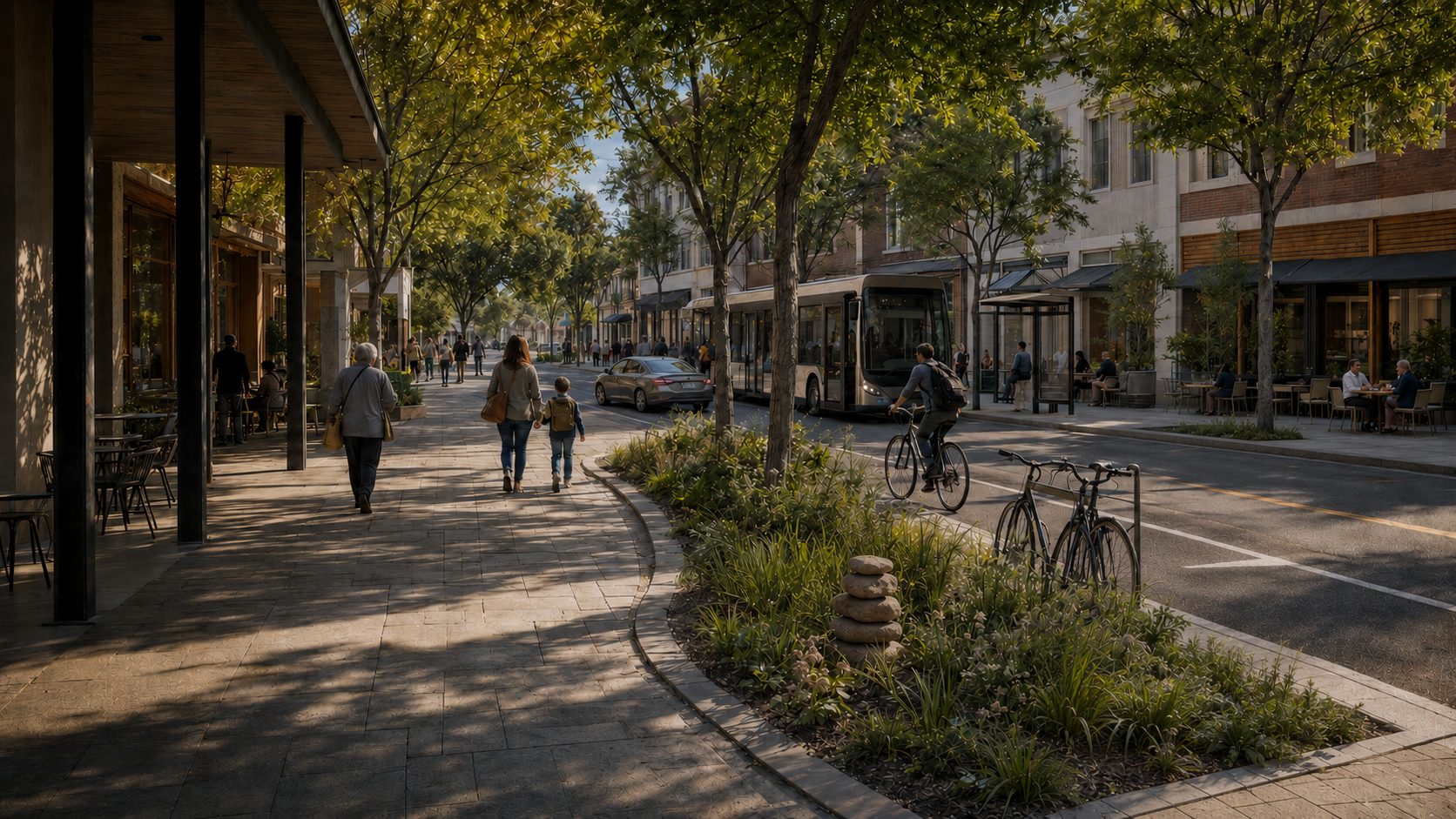 Conceptual visualization of a tree-lined Georgia main street with people walking, cycling, taking transit, driving and gathering