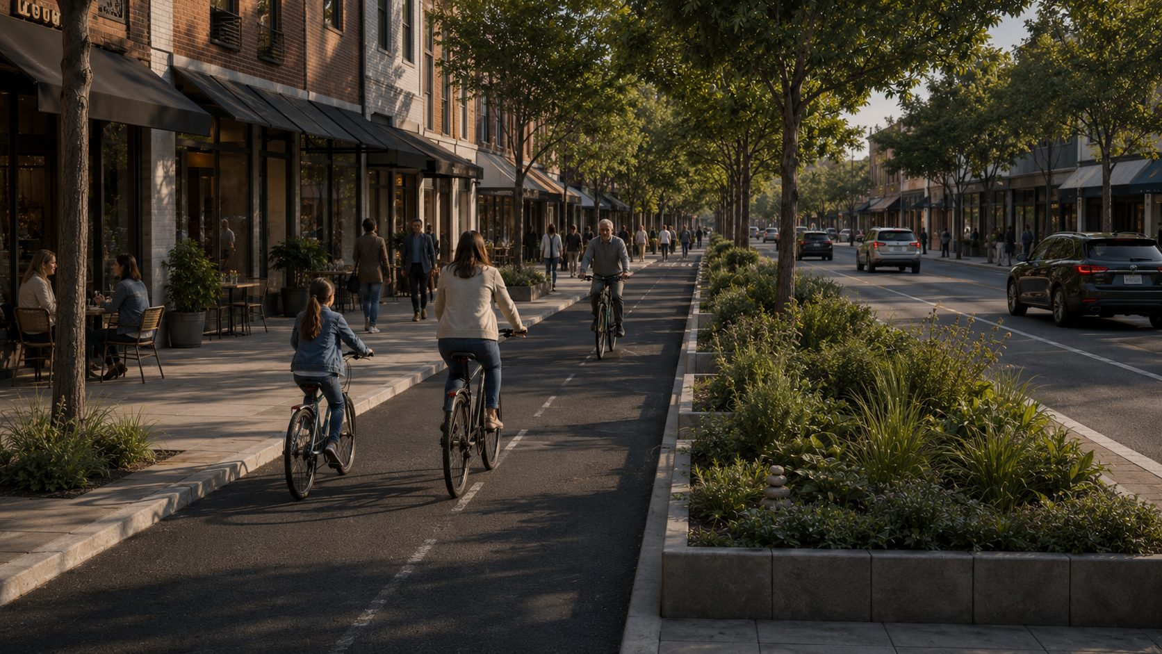 Visualization: a protected bike lane beside a calm main street
